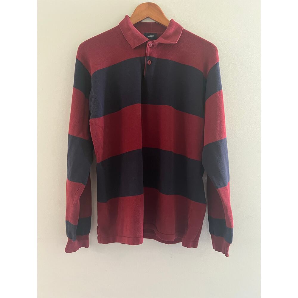 IZOD Men's 100% Cotton Long Sleeve Polo Knit Sweater Red & Navy Blue Medium JL